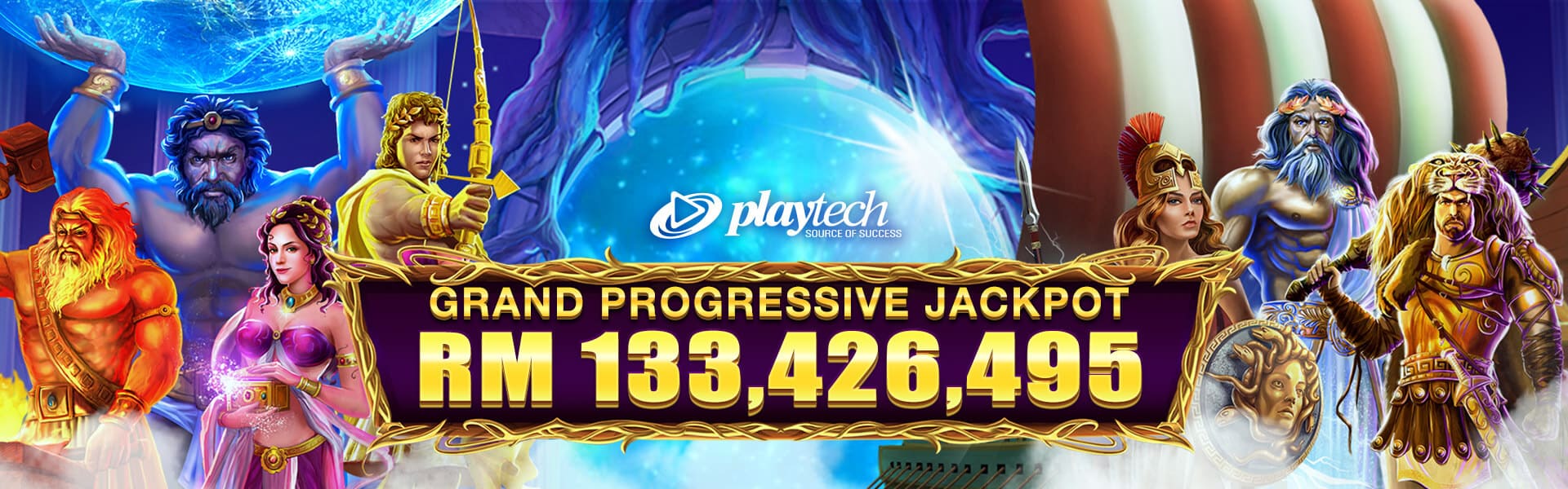 Playtech jackpot slots banner featuring Greek-god characters from the Age of the Gods series