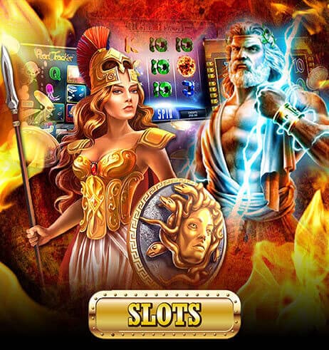 Slot artwork of a Greek warrior goddess and a lightning god in front of slot reels