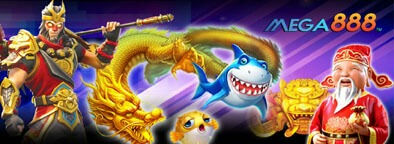 Mega888 app promotional artwork with slot game characters